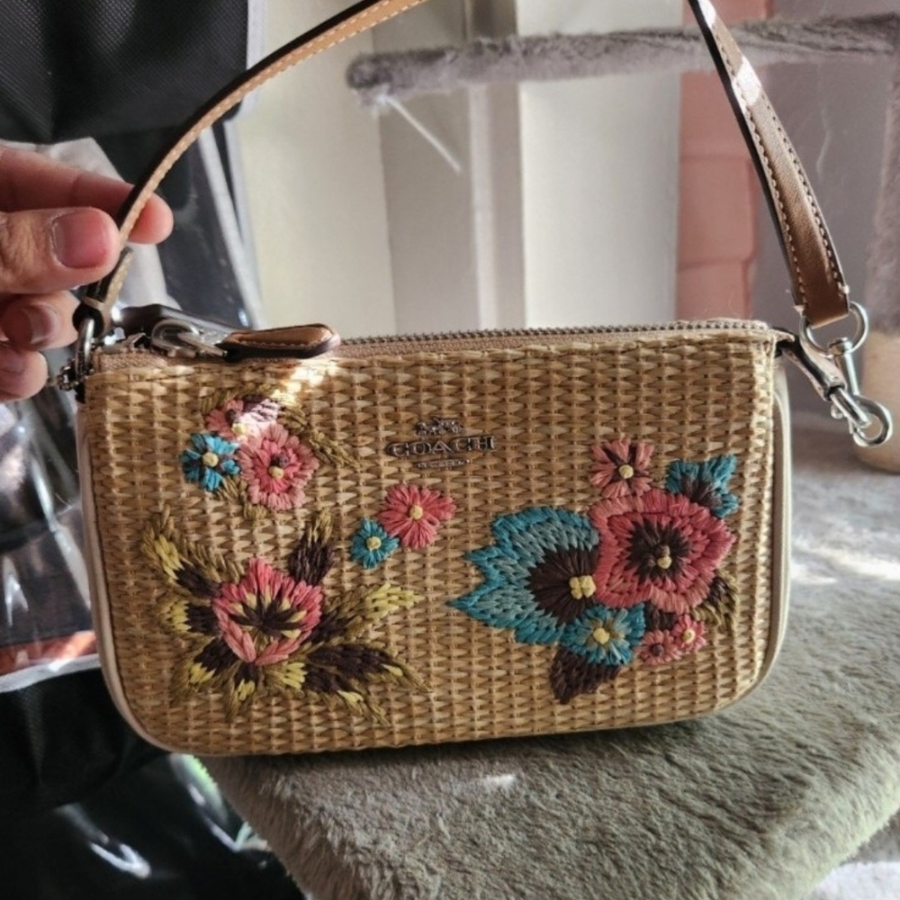 Coach Straw Wristlet with Floral Embroidery